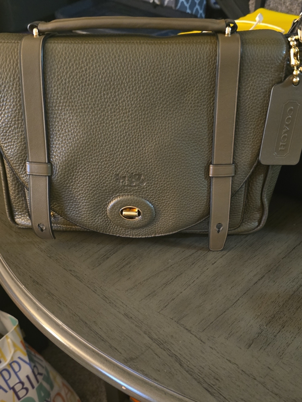 Coach Pebbled Leather Turnlock Satchel in Olive Green
